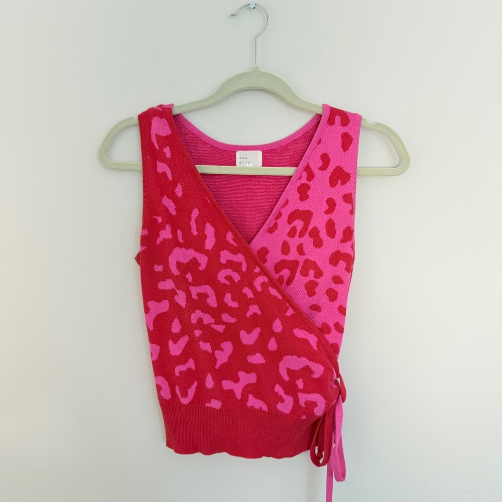 Women's DEE ELLY Pink Red Cheetah Sleeveless Wrap Top Blouse Cotton Tie Size S